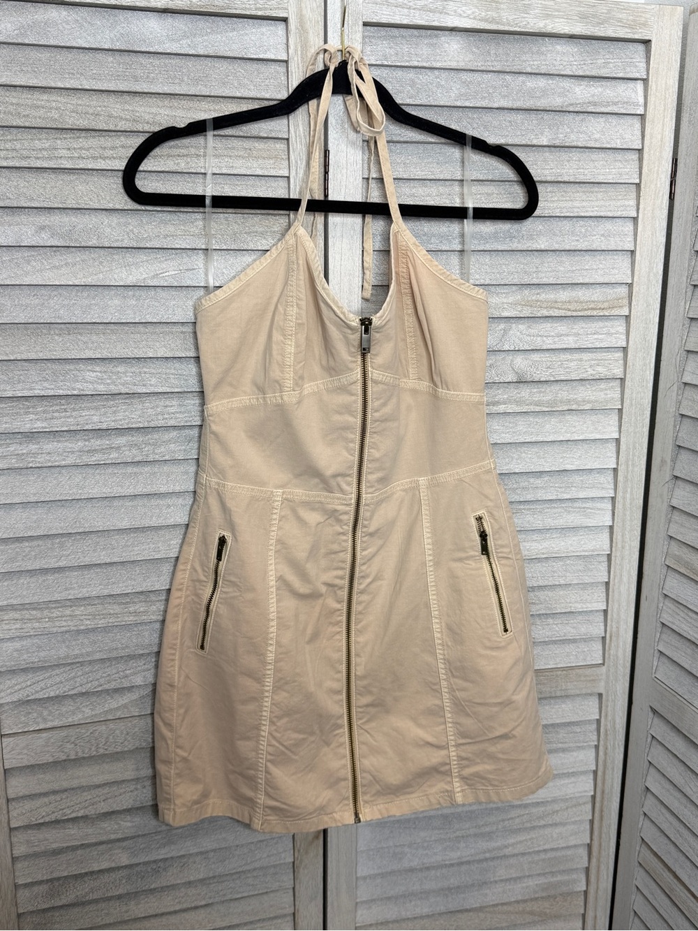 American Eagle Y2K Halter Mini Dress Size 6 Beige Zip Front Utility Cargo NWT